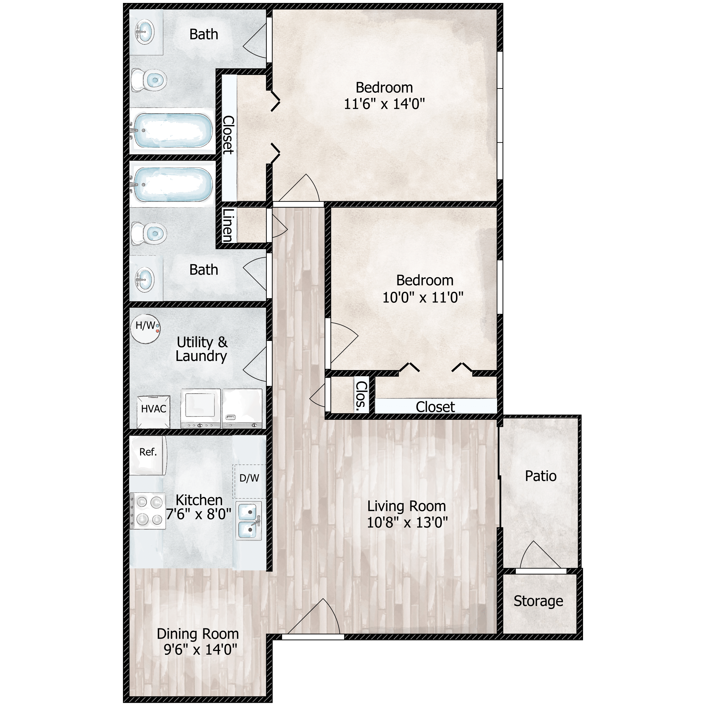 Floor plan for 2 beds, 2 baths, 858 sqft